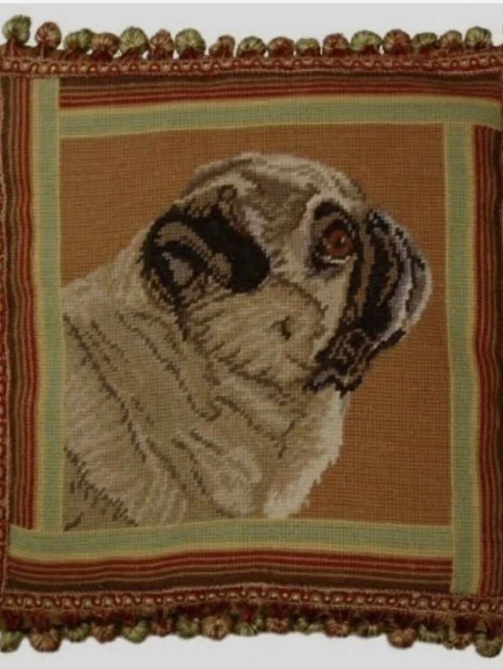 Vintage Aubusson Style Wool Pug Dog Needlepoint Pillow Cover Petit Point Tassels